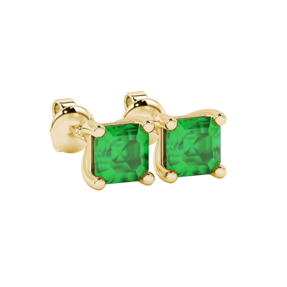 Asscher cut gemstone stud earrings in gold with four-prong basket setting and screw-back closure