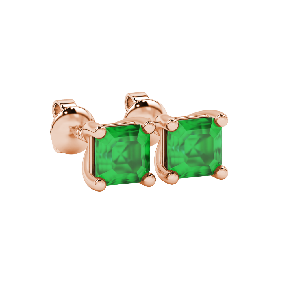 Asscher cut gemstone stud earrings in gold with four-prong basket setting and screw-back closure