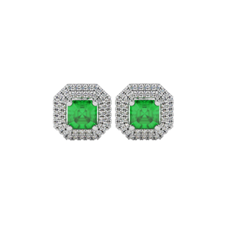 Emerald Green gemstone double halo stud earrings in white gold