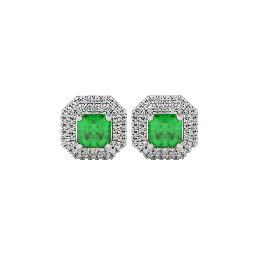Octagon halo gemstone stud earrings in gold featuring Asscher cut center gemstones surrounded by triple diamond halos
