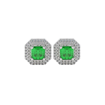 Emerald Green gemstone double halo stud earrings in white gold