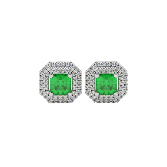 Emerald Green gemstone double halo stud earrings in white gold