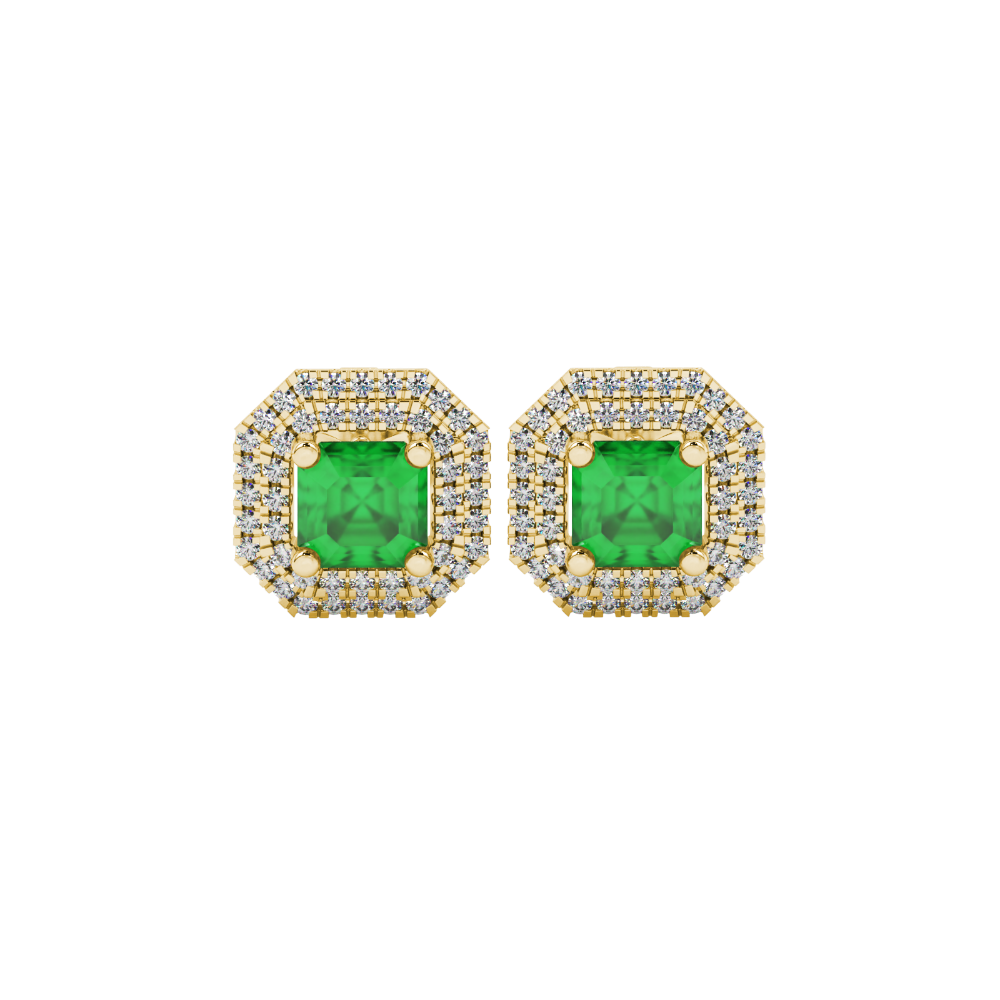 Octagon halo gemstone stud earrings in gold featuring Asscher cut center gemstones surrounded by triple diamond halos