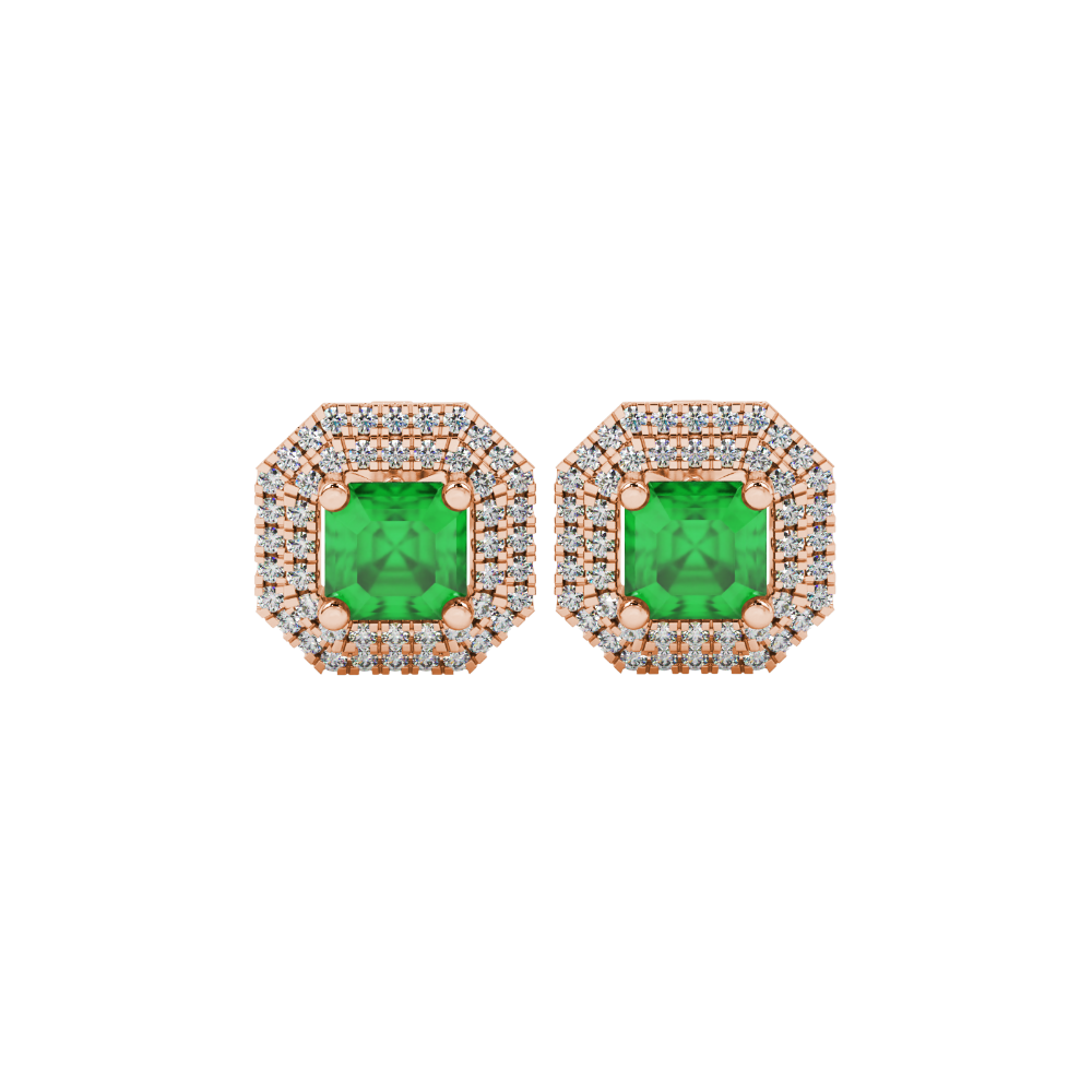 Octagon halo gemstone stud earrings in gold featuring Asscher cut center gemstones surrounded by triple diamond halos