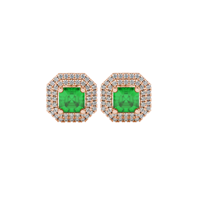 Octagon halo gemstone stud earrings in gold featuring Asscher cut center gemstones surrounded by triple diamond halos