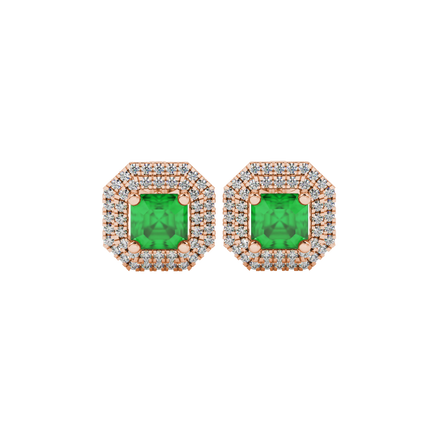 Octagon halo gemstone stud earrings in gold featuring Asscher cut center gemstones surrounded by triple diamond halos