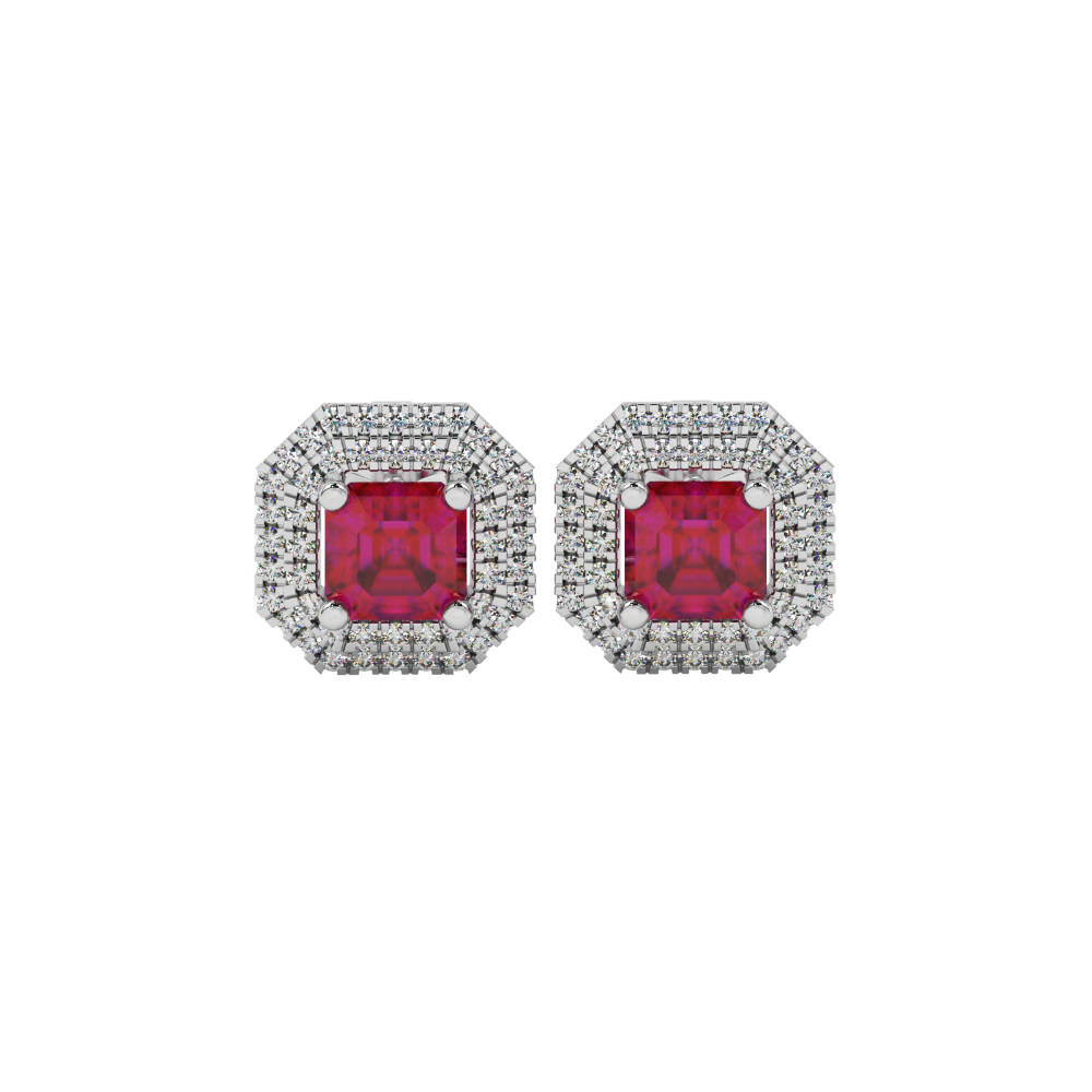 Octagon halo gemstone stud earrings in gold featuring Asscher cut center gemstones surrounded by triple diamond halos