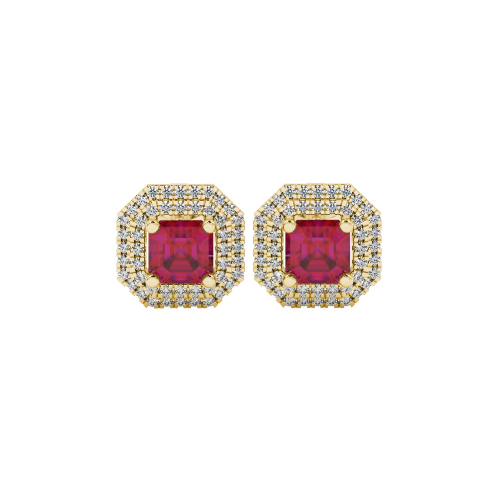 Octagon halo gemstone stud earrings in gold featuring Asscher cut center gemstones surrounded by triple diamond halos