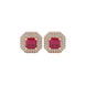 Octagon halo gemstone stud earrings in gold featuring Asscher cut center gemstones surrounded by triple diamond halos