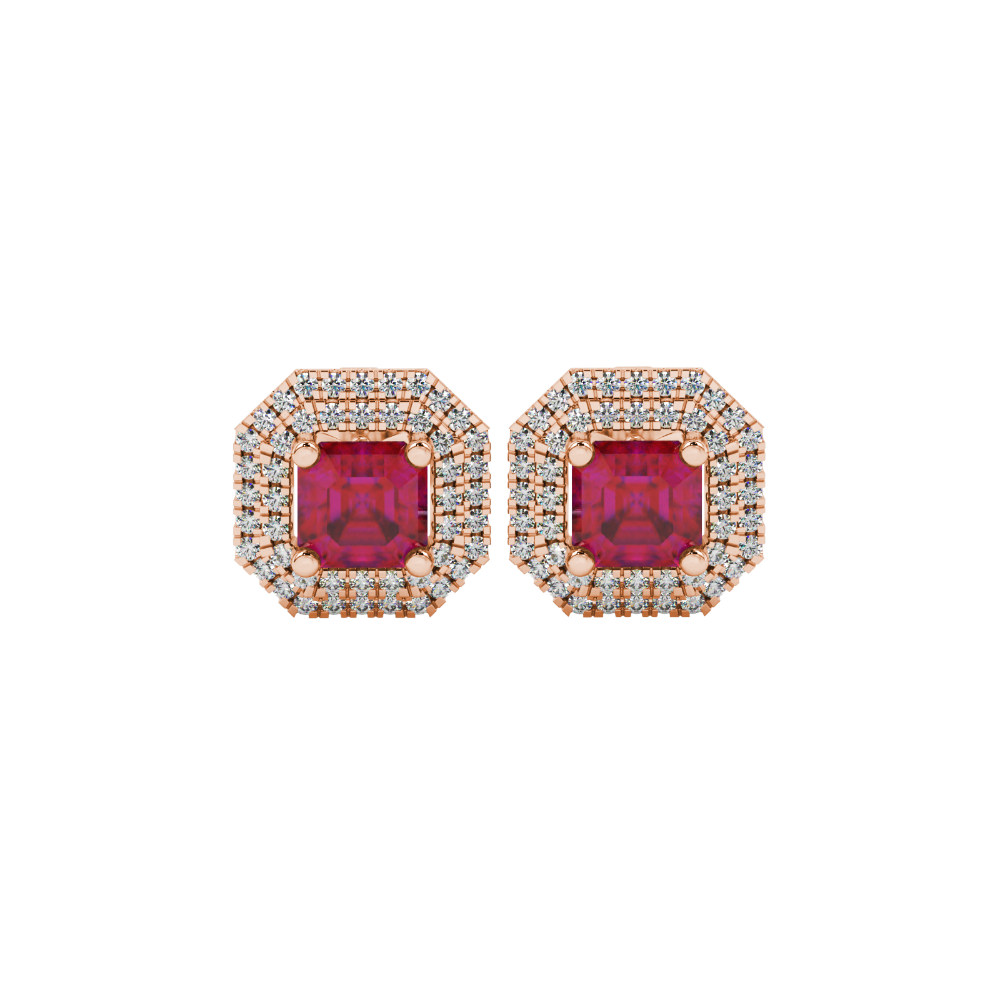 Octagon halo gemstone stud earrings in gold featuring Asscher cut center gemstones surrounded by triple diamond halos