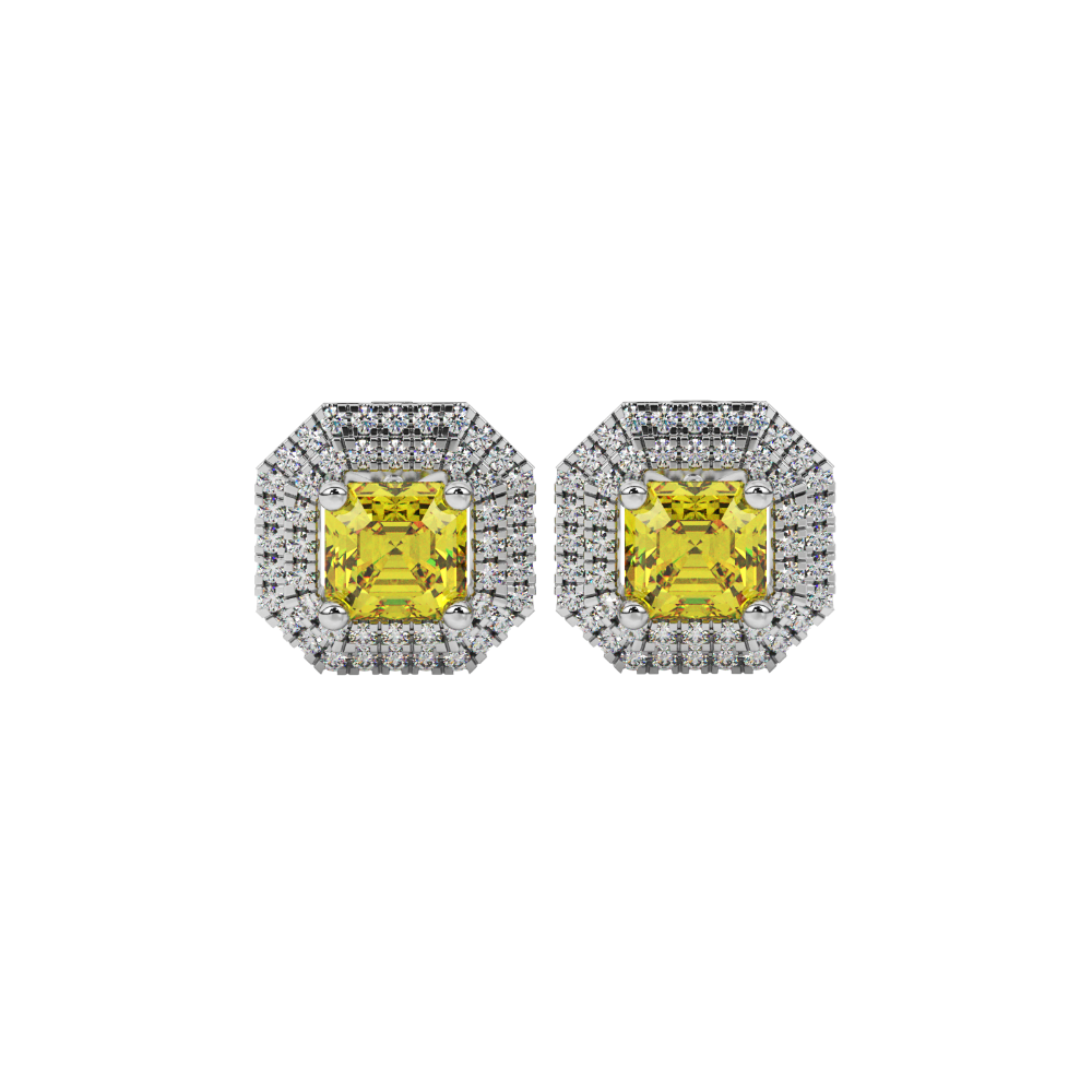 Octagon halo gemstone stud earrings in gold featuring Asscher cut center gemstones surrounded by triple diamond halos