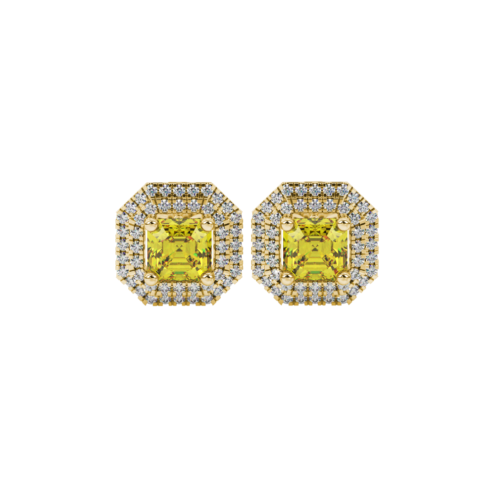 Octagon halo gemstone stud earrings in gold featuring Asscher cut center gemstones surrounded by triple diamond halos