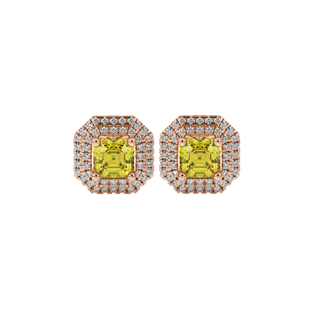 Octagon halo gemstone stud earrings in gold featuring Asscher cut center gemstones surrounded by triple diamond halos