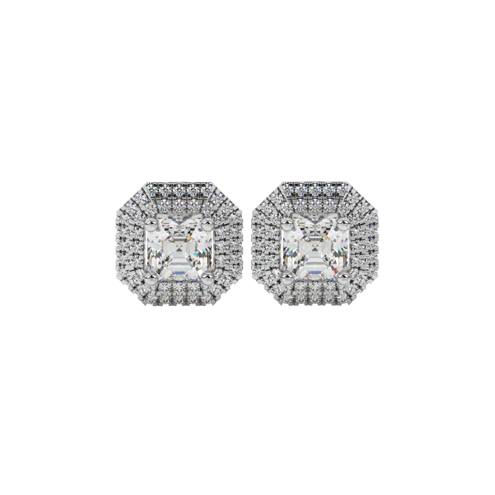 Octagon halo gemstone stud earrings in gold featuring Asscher cut center gemstones surrounded by triple diamond halos