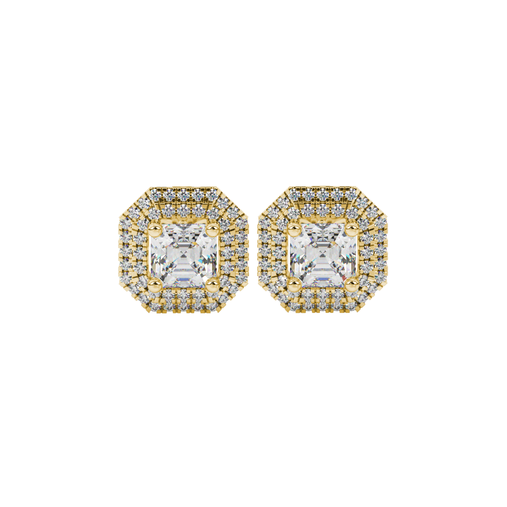 Octagon halo gemstone stud earrings in gold featuring Asscher cut center gemstones surrounded by triple diamond halos