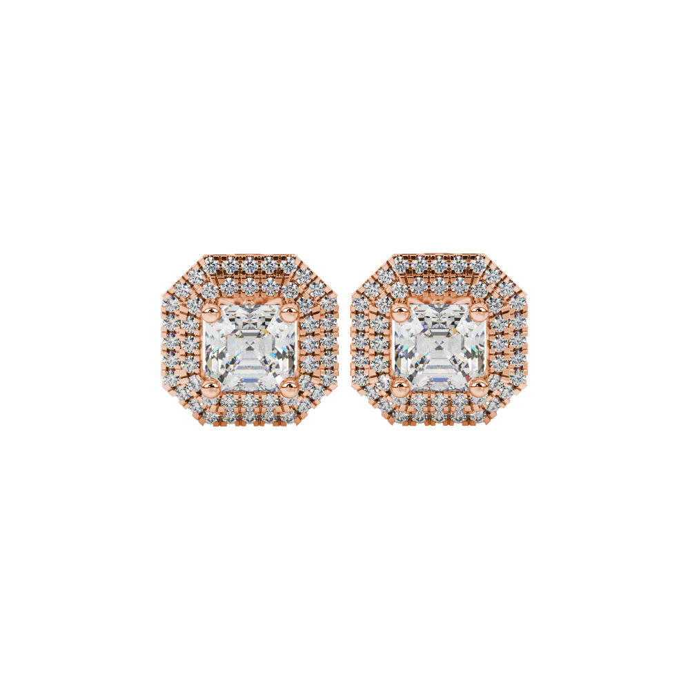 Octagon halo gemstone stud earrings in gold featuring Asscher cut center gemstones surrounded by triple diamond halos