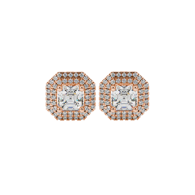 Octagon halo gemstone stud earrings in gold featuring Asscher cut center gemstones surrounded by triple diamond halos