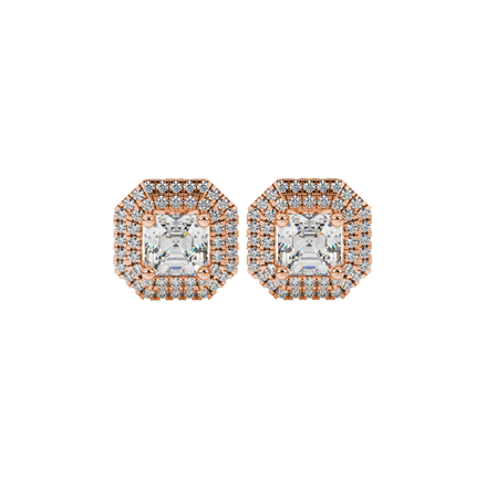 Octagon halo gemstone stud earrings in gold featuring Asscher cut center gemstones surrounded by triple diamond halos