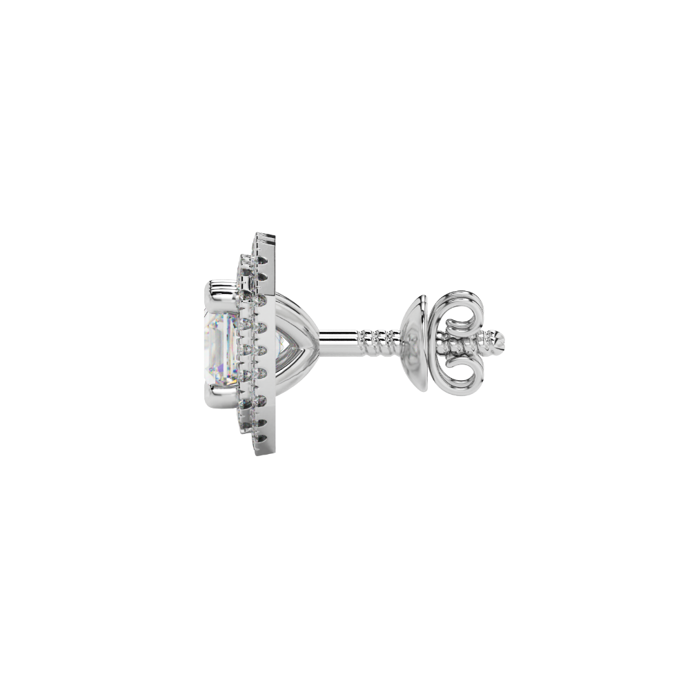 Octagon halo gemstone stud earrings in gold featuring Asscher cut center gemstones surrounded by triple diamond halos
