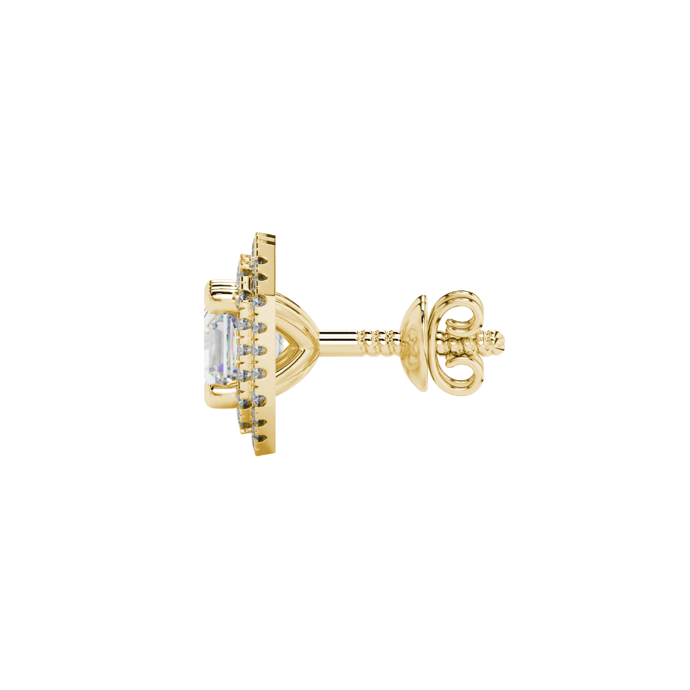 Octagon halo gemstone stud earrings in gold featuring Asscher cut center gemstones surrounded by triple diamond halos