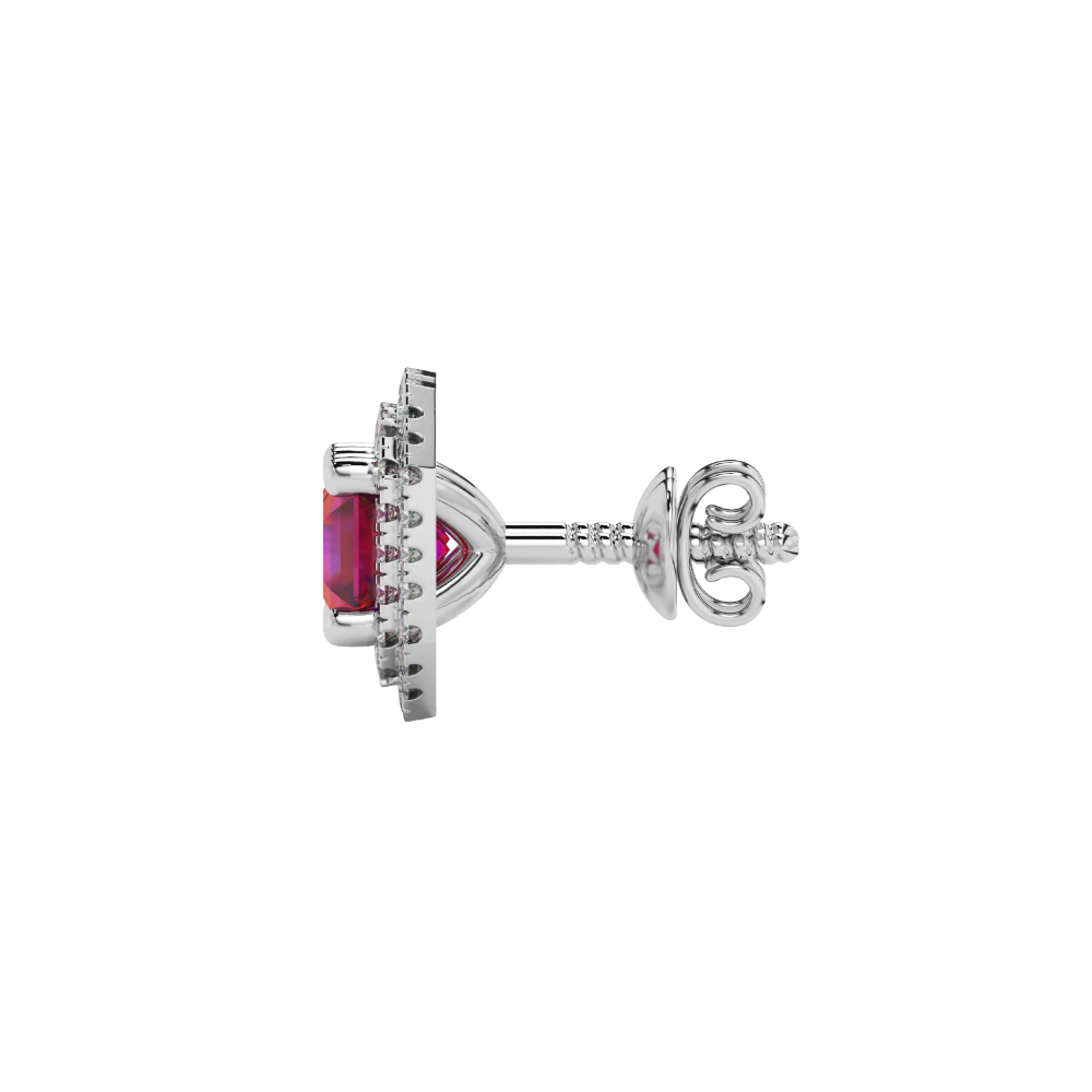 Octagon halo gemstone stud earrings in gold featuring Asscher cut center gemstones surrounded by triple diamond halos