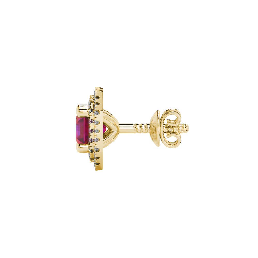 Octagon halo gemstone stud earrings in gold featuring Asscher cut center gemstones surrounded by triple diamond halos