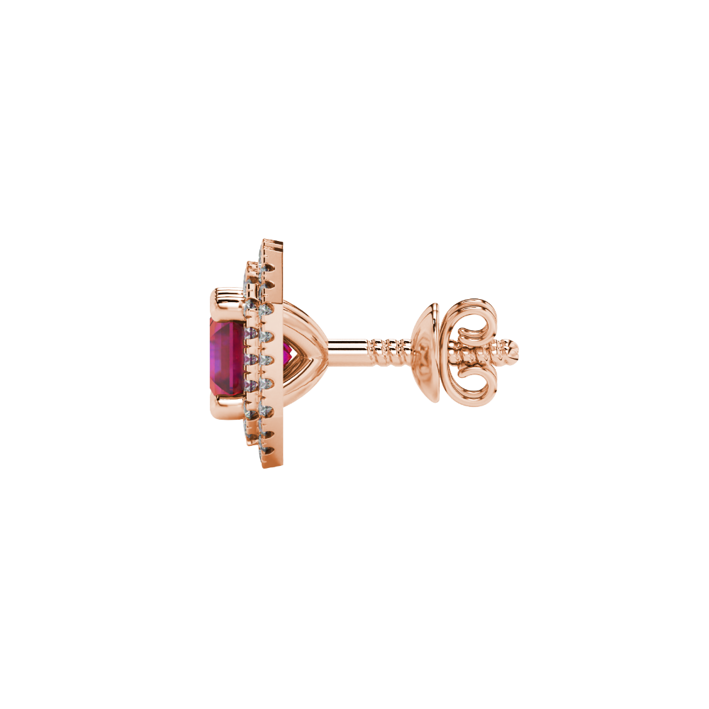 Octagon halo gemstone stud earrings in gold featuring Asscher cut center gemstones surrounded by triple diamond halos