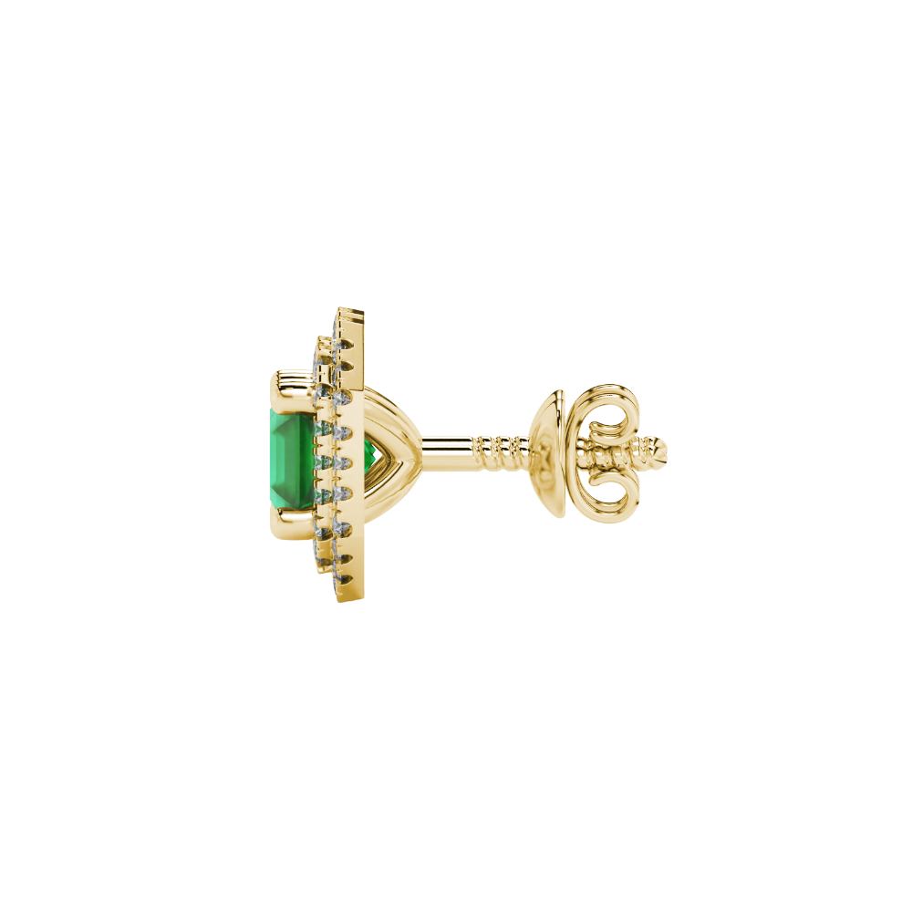 Octagon halo gemstone stud earrings in gold featuring Asscher cut center gemstones surrounded by triple diamond halos
