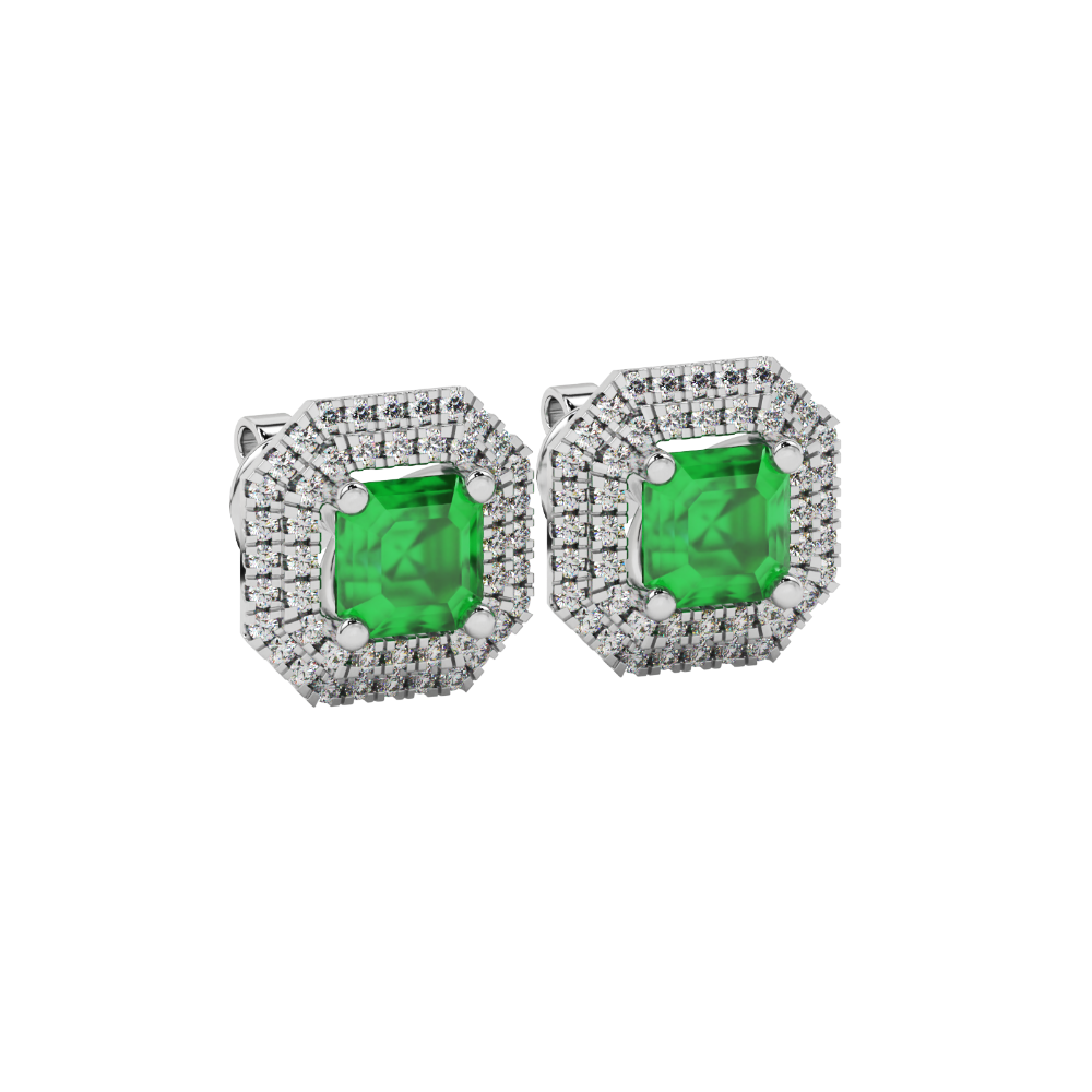 Octagon halo gemstone stud earrings in gold featuring Asscher cut center gemstones surrounded by triple diamond halos