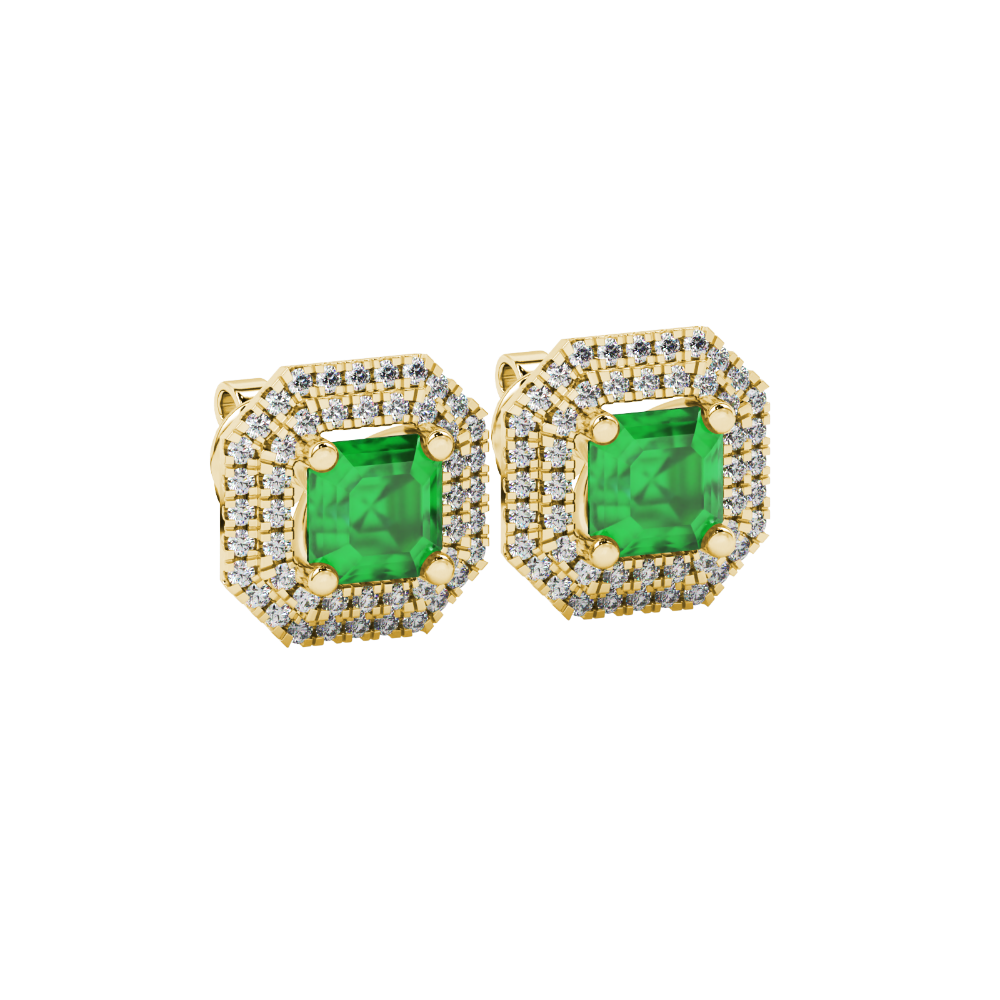 Octagon halo gemstone stud earrings in gold featuring Asscher cut center gemstones surrounded by triple diamond halos