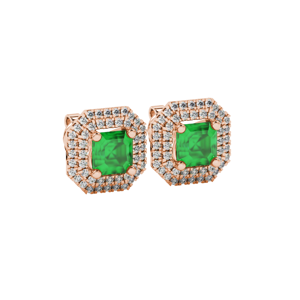 Octagon halo gemstone stud earrings in gold featuring Asscher cut center gemstones surrounded by triple diamond halos