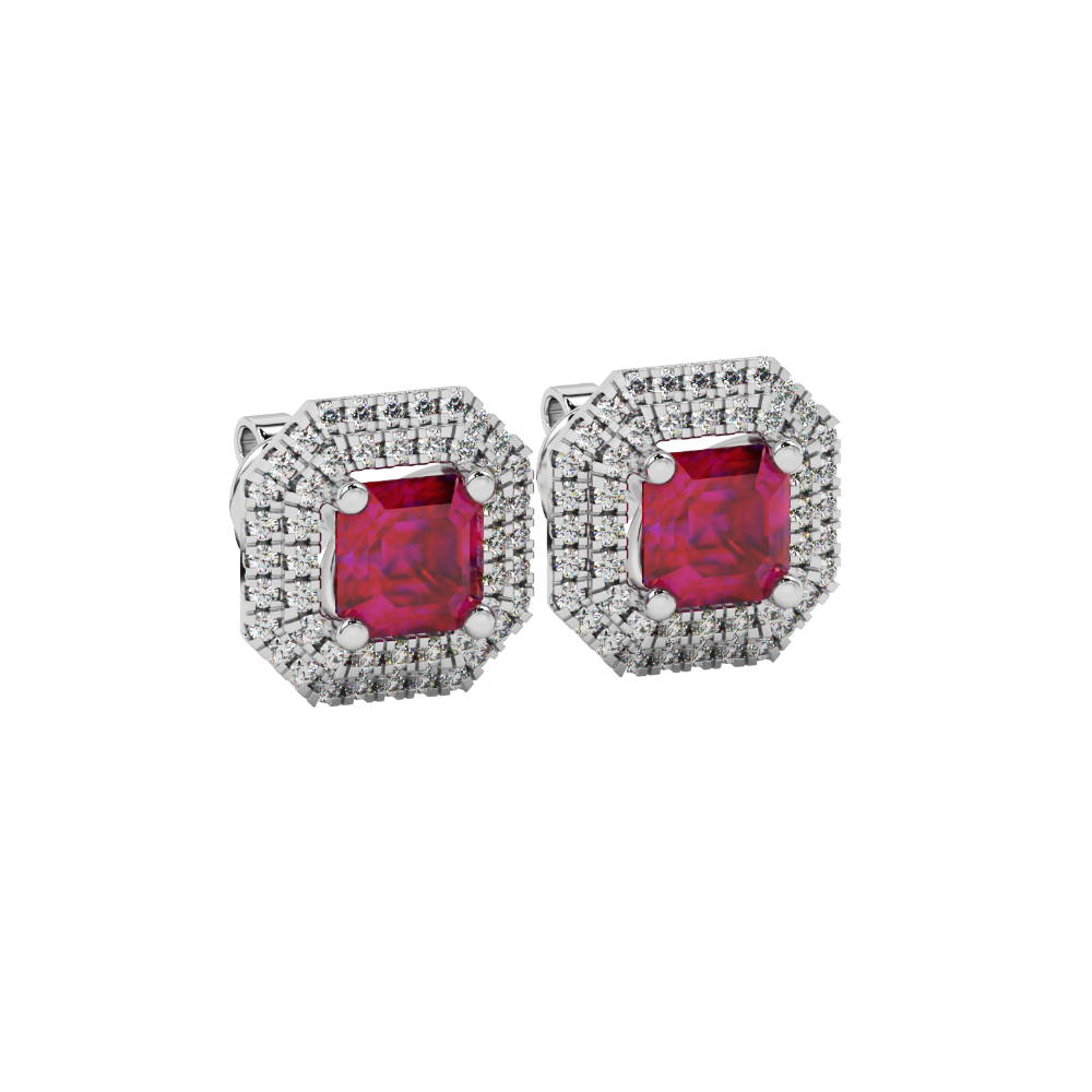 Octagon halo gemstone stud earrings in gold featuring Asscher cut center gemstones surrounded by triple diamond halos