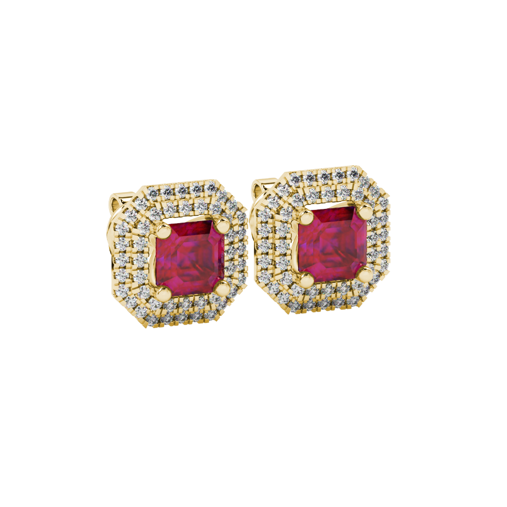 Octagon halo gemstone stud earrings in gold featuring Asscher cut center gemstones surrounded by triple diamond halos