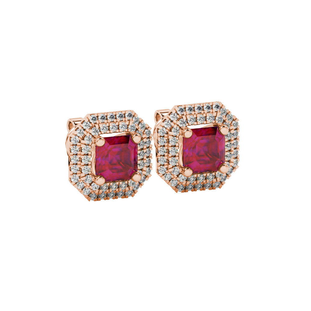 Octagon halo gemstone stud earrings in gold featuring Asscher cut center gemstones surrounded by triple diamond halos