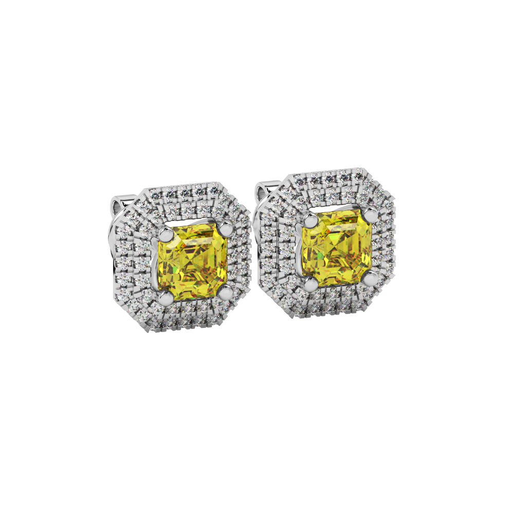 Octagon halo gemstone stud earrings in gold featuring Asscher cut center gemstones surrounded by triple diamond halos