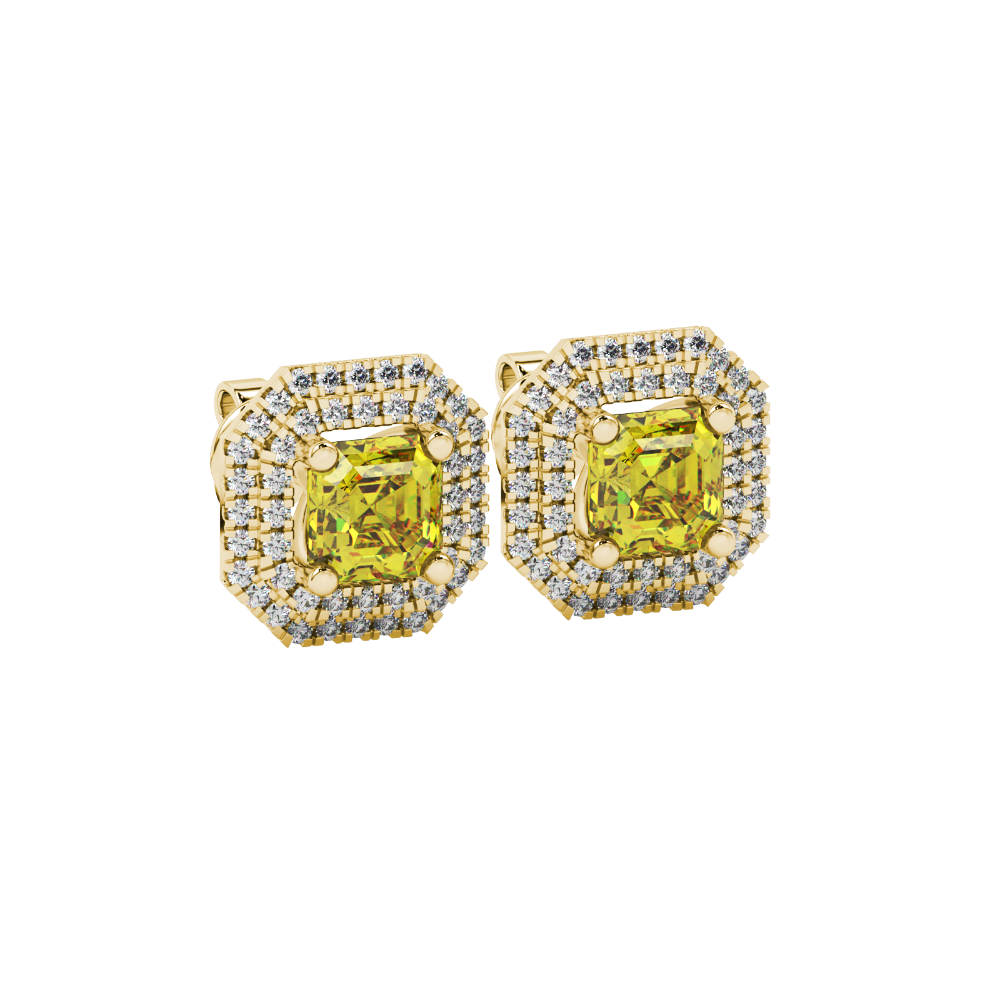Octagon halo gemstone stud earrings in gold featuring Asscher cut center gemstones surrounded by triple diamond halos