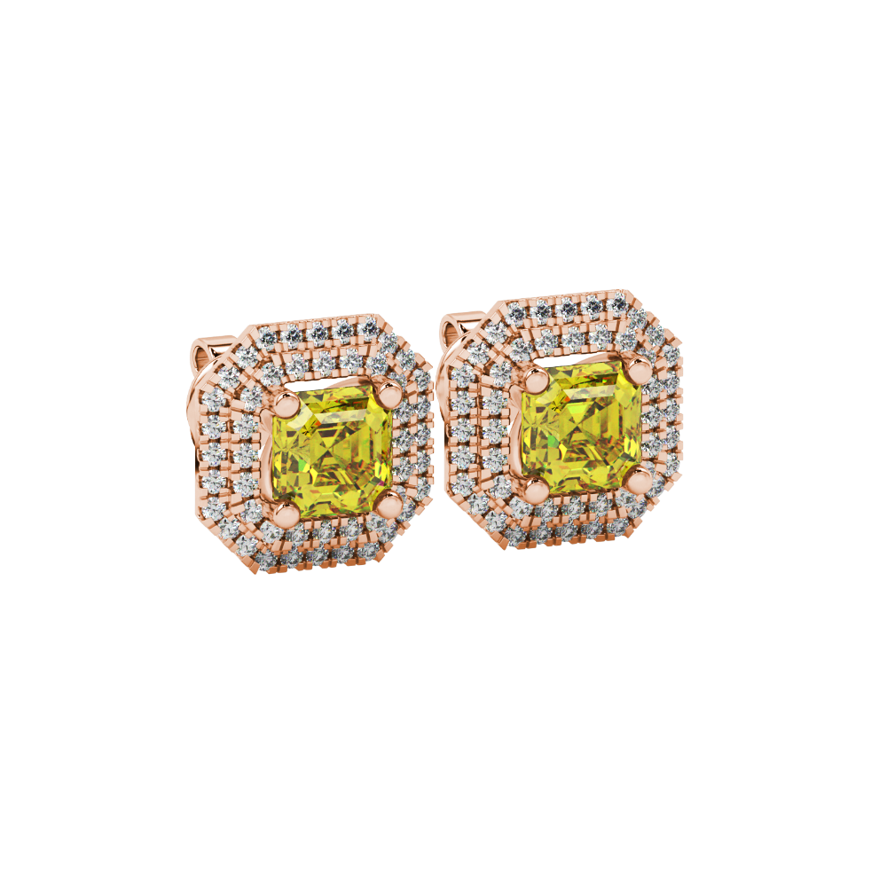 Octagon halo gemstone stud earrings in gold featuring Asscher cut center gemstones surrounded by triple diamond halos