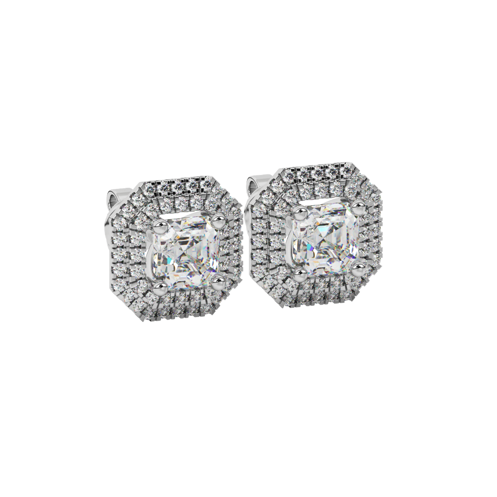 Octagon halo gemstone stud earrings in gold featuring Asscher cut center gemstones surrounded by triple diamond halos