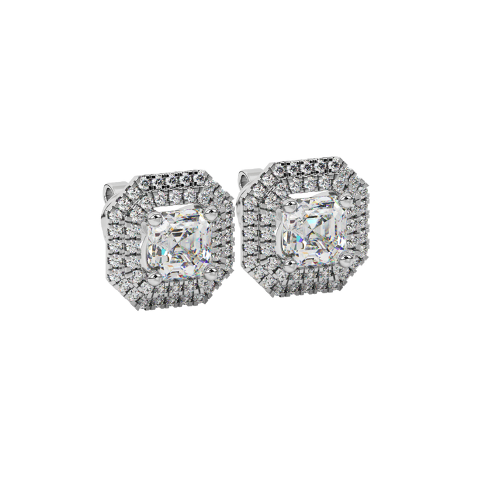 Octagon halo gemstone stud earrings in gold featuring Asscher cut center gemstones surrounded by triple diamond halos