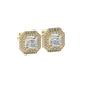 Octagon halo gemstone stud earrings in gold featuring Asscher cut center gemstones surrounded by triple diamond halos