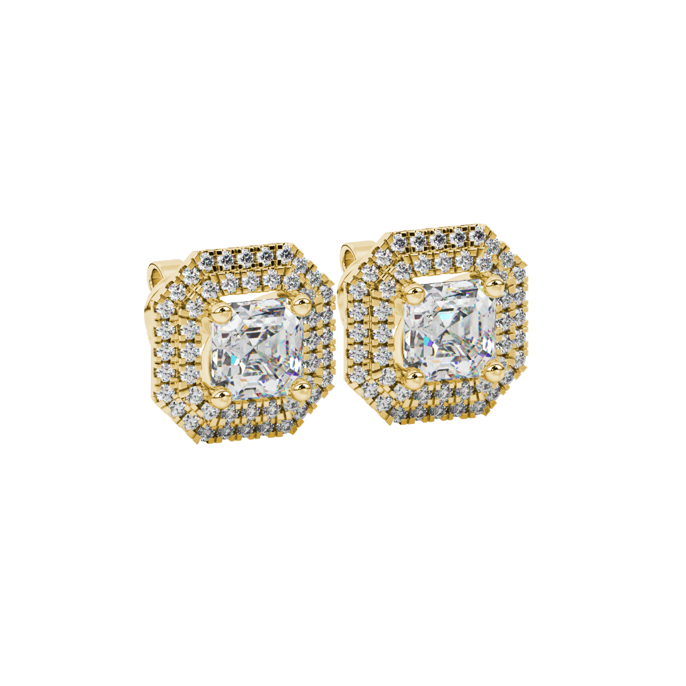 Octagon halo gemstone stud earrings in gold featuring Asscher cut center gemstones surrounded by triple diamond halos