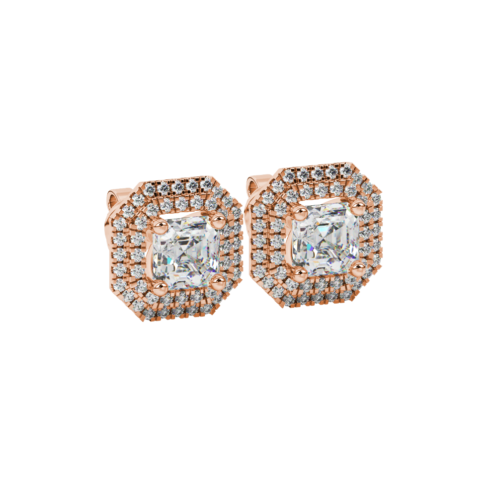 Octagon halo gemstone stud earrings in gold featuring Asscher cut center gemstones surrounded by triple diamond halos