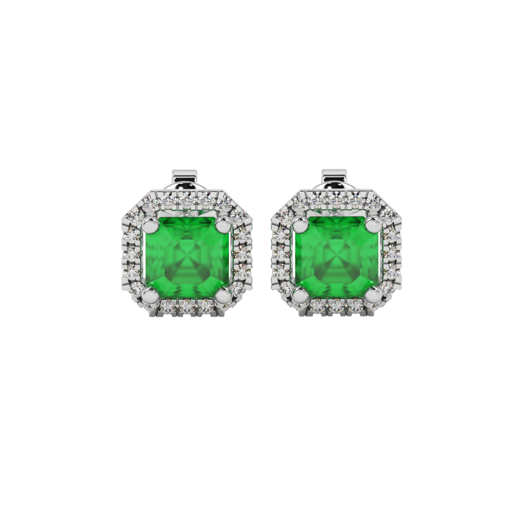 Asscher cut halo gemstone stud earrings in gold featuring 5.00 MM center gemstones surrounded by sparkling round diamond halos