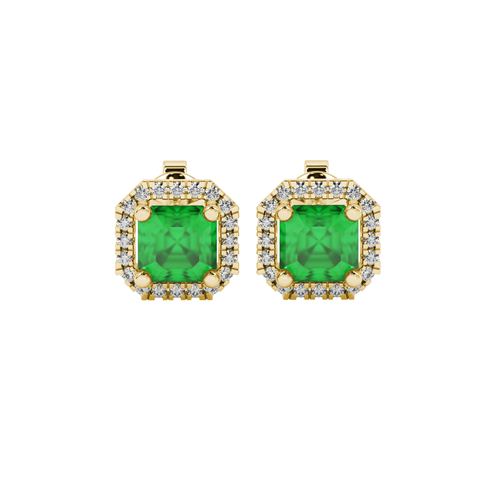 Asscher cut halo gemstone stud earrings in gold featuring 5.00 MM center gemstones surrounded by sparkling round diamond halos