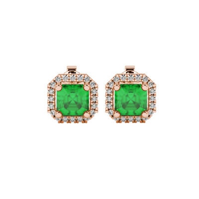 Asscher cut halo gemstone stud earrings in gold featuring 5.00 MM center gemstones surrounded by sparkling round diamond halos
