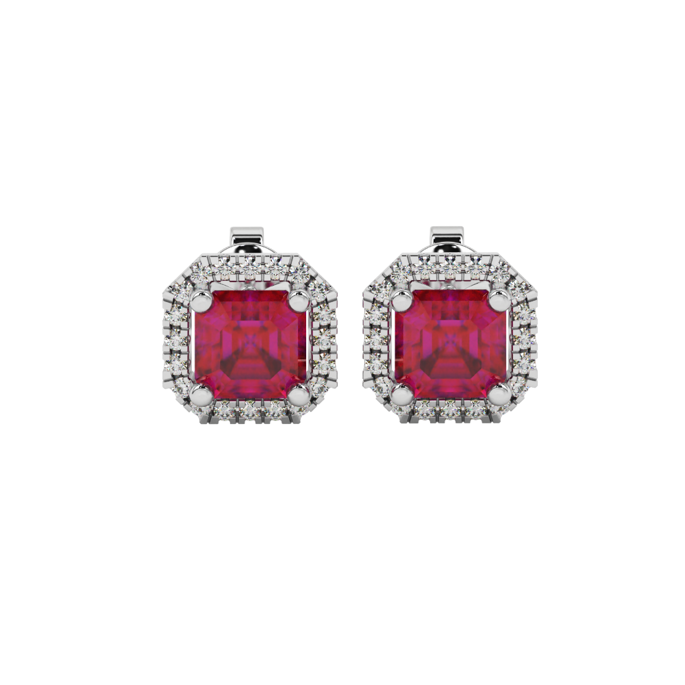 Asscher cut halo gemstone stud earrings in gold featuring 5.00 MM center gemstones surrounded by sparkling round diamond halos