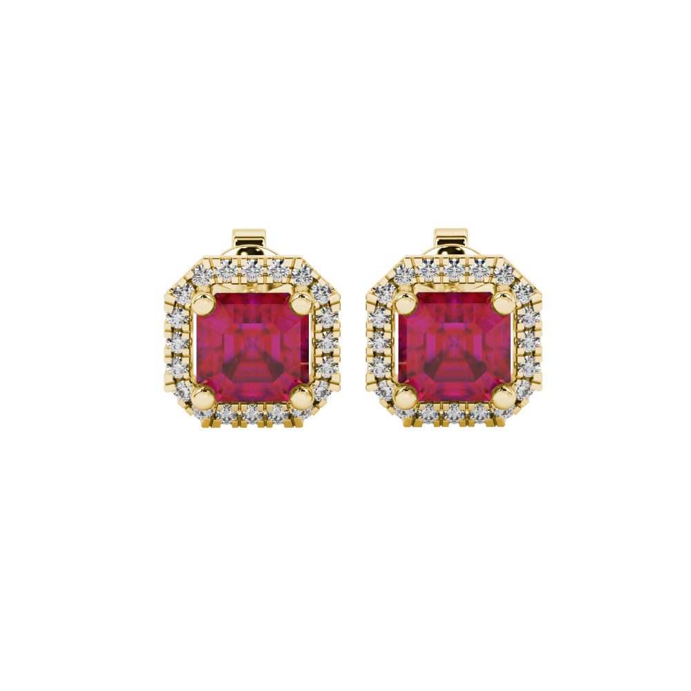 Asscher cut halo gemstone stud earrings in gold featuring 5.00 MM center gemstones surrounded by sparkling round diamond halos