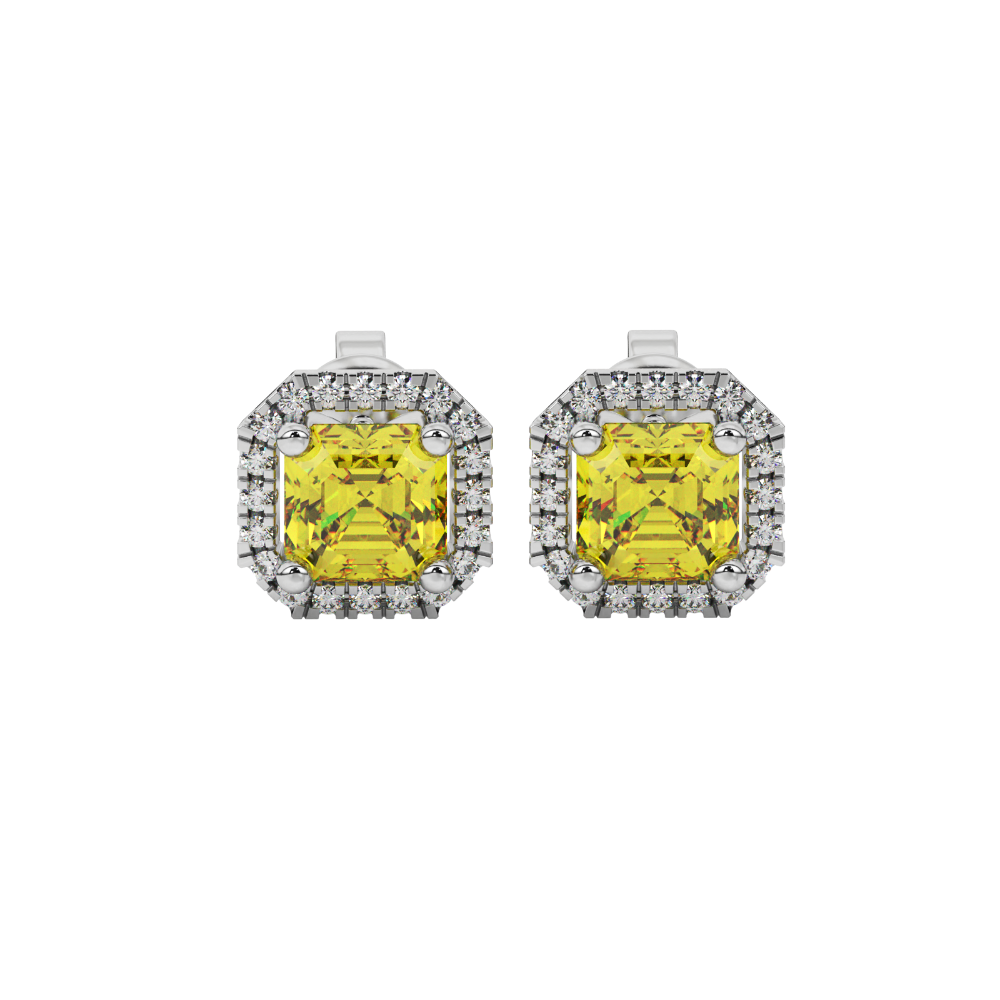 Asscher cut halo gemstone stud earrings in gold featuring 5.00 MM center gemstones surrounded by sparkling round diamond halos