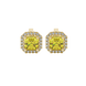 Asscher cut halo gemstone stud earrings in gold featuring 5.00 MM center gemstones surrounded by sparkling round diamond halos