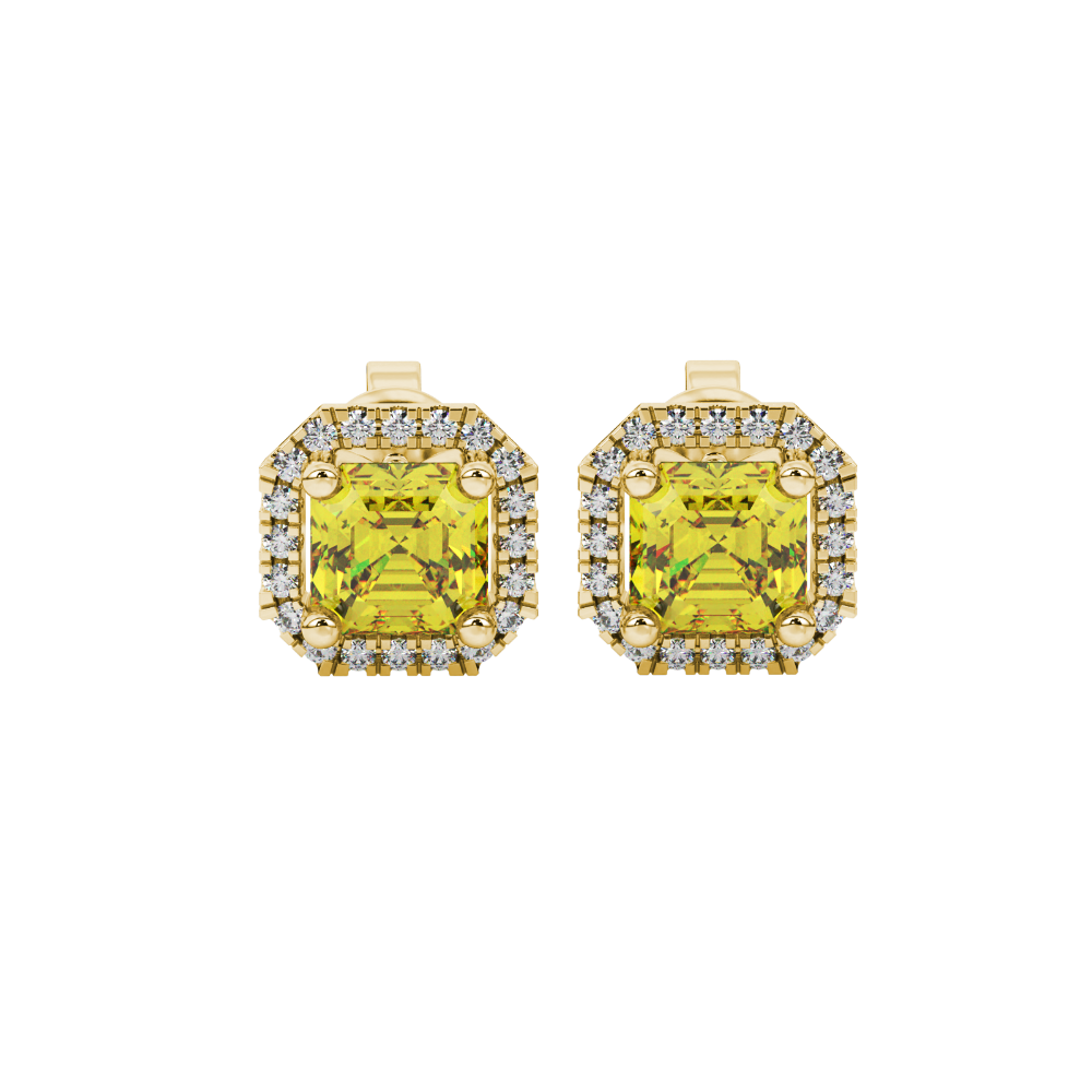 Asscher cut halo gemstone stud earrings in gold featuring 5.00 MM center gemstones surrounded by sparkling round diamond halos
